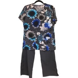 Cherokee Workwear Butter Soft Floral Short Sleeve Elastic Waist Pant Scrub Set M